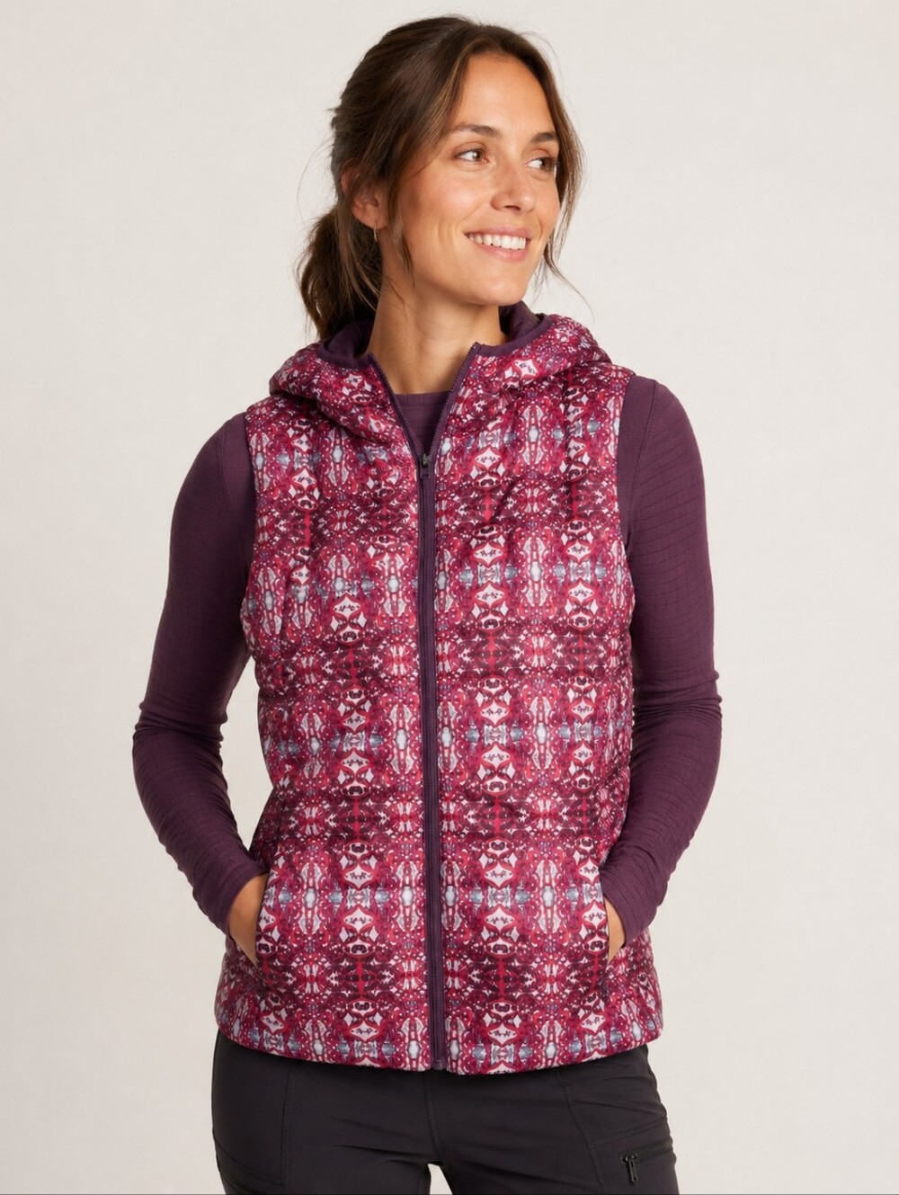 Title Nine Hooded Printed Puffer Vest Pink Purple Geometric Size Small